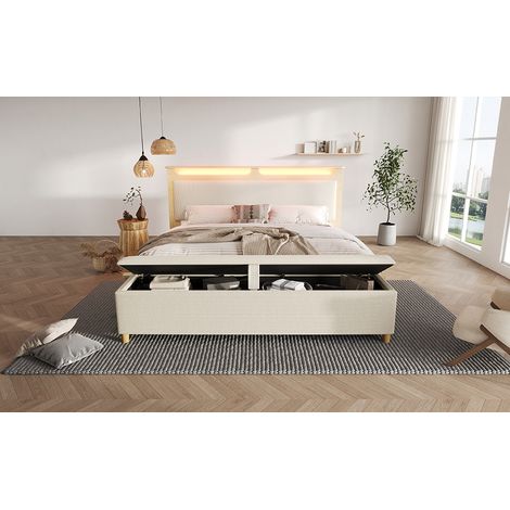 Letto matrimoniale in legno e corduroy beige 140x200 cm con panca contenitore, LED e materasso incluso