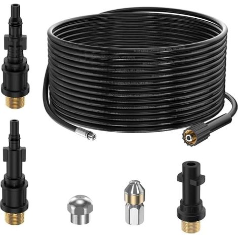 15M Tuyau Déboucheur Canalisation pour Nettoyeur Haute Pression Kärcher K2 K3 K4 K5 K6 K7 HD HDs, 180Bar Kit Furet Professional avec Buse à Jet et Rotatif & Adaptateurs pour Lavor Parkside & Bosch (1/5)