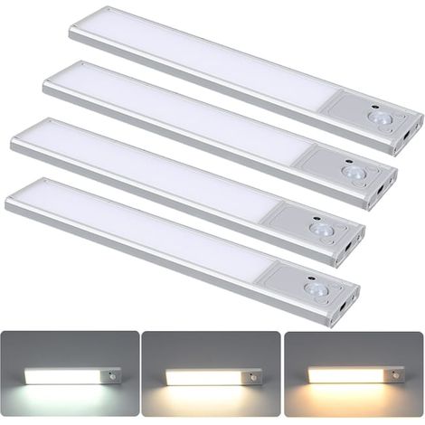 Paquet de 4 lampes sous-meuble avec capteur de mouvement, lumière magnétique activée par le mouvement, lampe de placard rechargeable, 3 couleurs, 20cm (1/5)