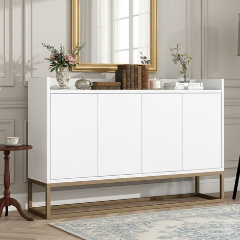 Buffet, meuble de rangement à quatre portes, 120x80x30 cm, portes sans poignées, étagères réglables intégrées, pieds en métal, MDF, blanc (1/5)