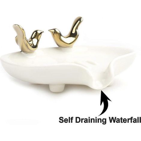 Selbstreinigende, weiße Keramikseifenschale mit goldenen Vögeln im Wasserfall-Stil, ideal für Seifenstücke, für Bad und Dusche. (1/4)