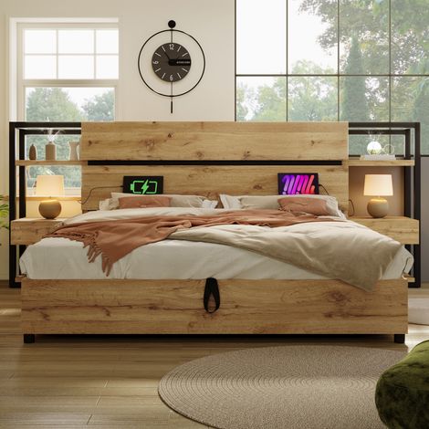 Letto matrimoniale industriale 180x200 cm in MDF e metallo, color rovere, con testiera contenitore e prese USB/Type-C (1/5)