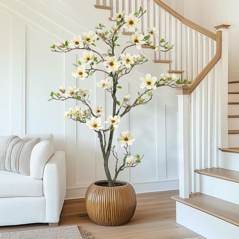 180cm Plante Artificielle de Magnolia à Fleurs de 180 cm, Haut Arbre Artificiel avec Pot Blanc Décoration pour Jardin, Patio, Maison, Bureau (1/5)