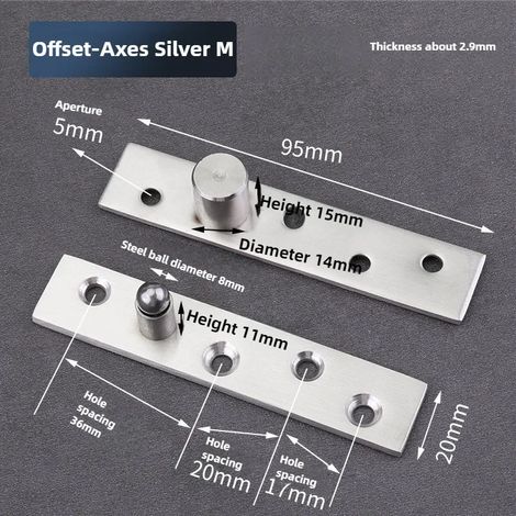 Charnière pivotante à 360° en acier inoxydable (axes décalés argentés M) - 1 pièce - Axes décalés et centraux - Système de fixation dissimulant l'axe vertical pour porte en bois (1/5)