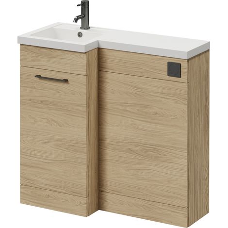 Napoli 390 Light Oak 900mm Single Door Vanity Unit Toilet Suite with Left Hand Square Lucia Basin - 900mm - Gunmetal Grey 160mm HandleWithout Kingston Toilet Pan