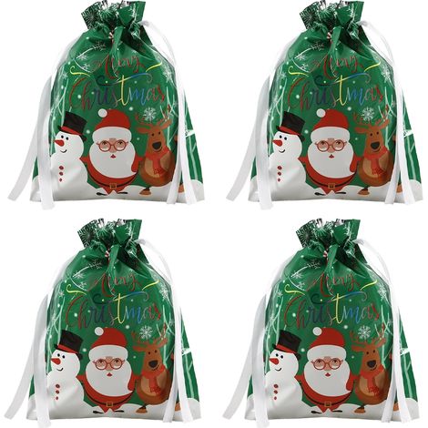 Sac Cadeau Noël - Fermeture Par Cordon - Aluminium Métallisé - Motif Père Noël Renne - Pour Emballage Cadeau Fêtes - Lot De 20 (1/5)