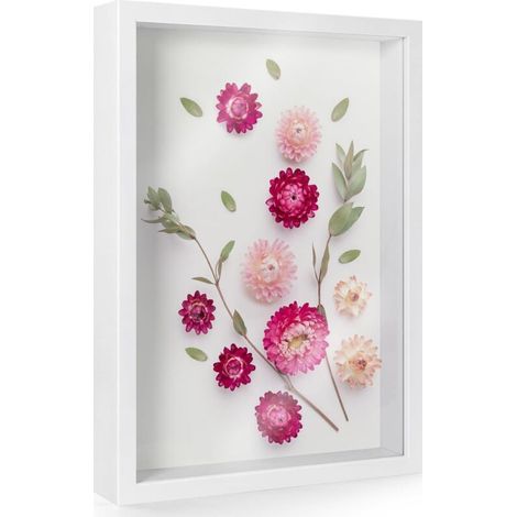 Grand cadre photo 3D A4 - 22,8 x 31,6 cm - Pour table ou mur - Pour objets jusqu'à 4,5 cm - Boîte à souvenirs en bois pour photos, travaux manuels, fleurs, médailles, billets - Blanc - 3 cm