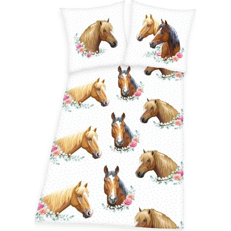 Parure de Lit, Motif Réversible Cheval, Taie d'Oreiller 80 x 80 cm, Housse de Couette 135 x 200 cm, Avec Fermeture par Boutons, Coton/Renforcé, Blanc (1/5)