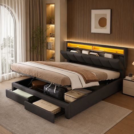 Lit coffre 160×200cm avec lumière LED, lit capitonné avec tête de lit réglable, lit double avec tiroirs, rangement sous le lit, sommier à lattes, lit adulte, Lin, Gris