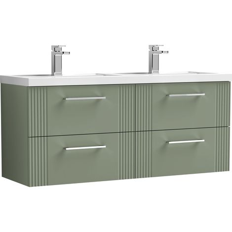 Belvide Partial Fluted 4 Drawer Wall Hung Vanity Unit with Double Polymarble Basin - 1200mm - Satin Green