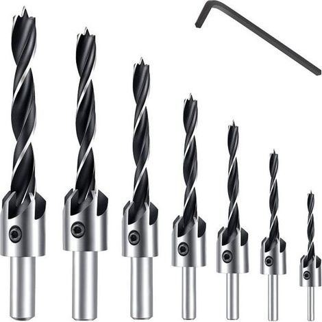 7 Pièce HSS 5 Flûte Jeu de Foret Fraise Bit Vis à Bois Chanfrein pour Diverses vis de Longueur par Simple Desserrer et Resserrer, 3-6mm Set Outil (1/5)