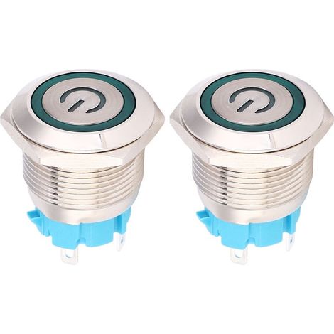 Lot de 2 interrupteurs à bouton-poussoir 12-24 V CC, ronds, 4 broches, 19 mm, à réarmement automatique, avec témoin lumineux d'alimentation (vert). (1/5)