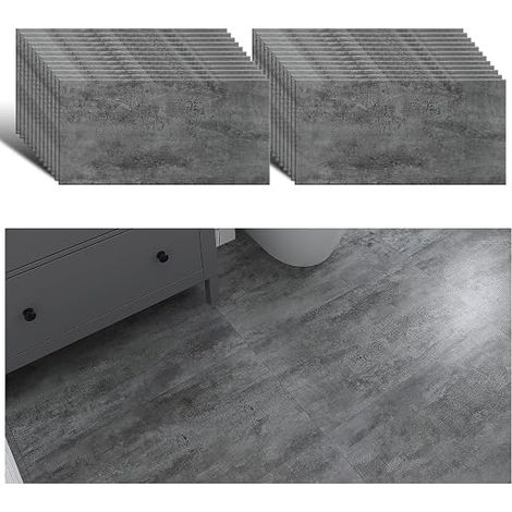 PVC Flooring Adhesive Concrete Effect Grey PVC Tile Adhesive Floor Bathroom 24 Pieces Tile Stickers Adhesive Kitchen Waterproof Tile Garage Living Room Removable Stickers 60cm x 30cm (1/5)