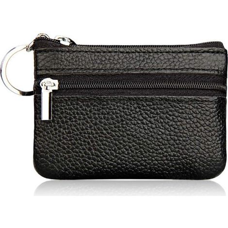 Mini portefeuille zippé minimaliste en cuir pour femme avec porte-clés (noir), (1/2)