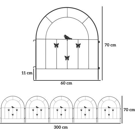 Clôture de jardin en acier, 300 cm x 70 cm de hauteur, ensemble de clôture décorative en grillage, éléments de clôture, noir (1/5)