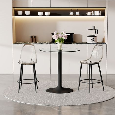 Set bar 89 cm in vetro trasparente, metallo nero, salvaspazio, 2 sgabelli FloraGrace (1/5)