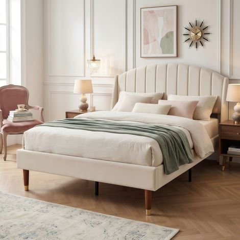Lit double rembourré 140x190cm cadre de lit en velours élégant avec sommier à lattes tête de lit capitonnée pour chambre - Beige (1/5)