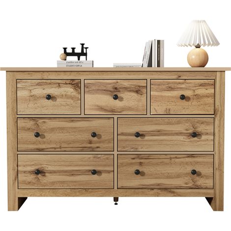 Buffet bas 7 tiroirs bois clair style français, grand rangement pour cuisine, salle à manger ou entrée, avec pieds réglables et sécurité anti-basculement - CHICFURN (1/5)