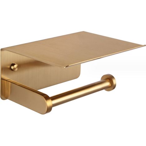 Portarrollos de papel higiénico de pared con estante, autoadhesivo, de aluminio (dorado)