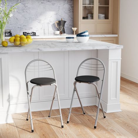 Tabouret de bar pliable pratique avec dossier, adapté intérieur extérieur et divers espaces, 2 pièces, pieds argentés, assise noire