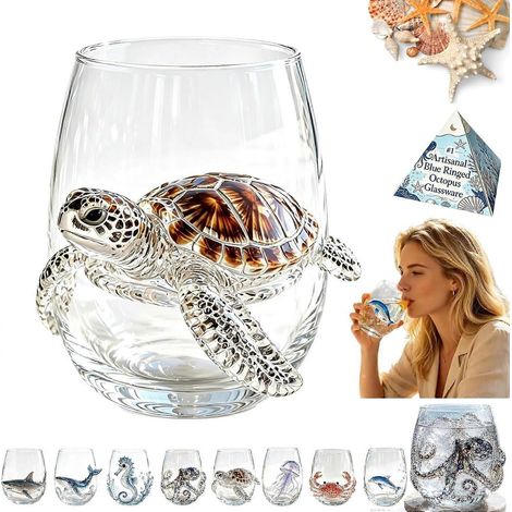 Verrerie artisanale pieuvre à anneaux bleus verre à vin 3D sans pied verre de bar original fait main motif animal marin Seaturtle (1/5)