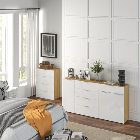 Buffet de salon avec commode à 4 tiroirs, porte et étagères réglables, 105 x 35 x 92 cm, blanc et naturel