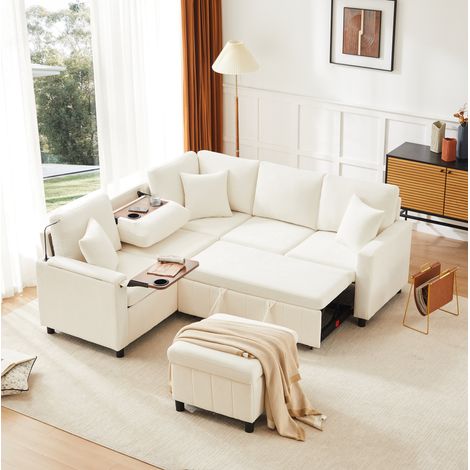 Divano angolare letto 205x205x85 cm in ciniglia beige con pouf, lampada e USB Type-C - CHICFURN (1/5)