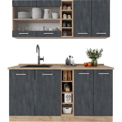 Cucina completa R-Line, Calcestruzzo nero/quercia dorata, 160 cm senza piano di lavoro, Vicco