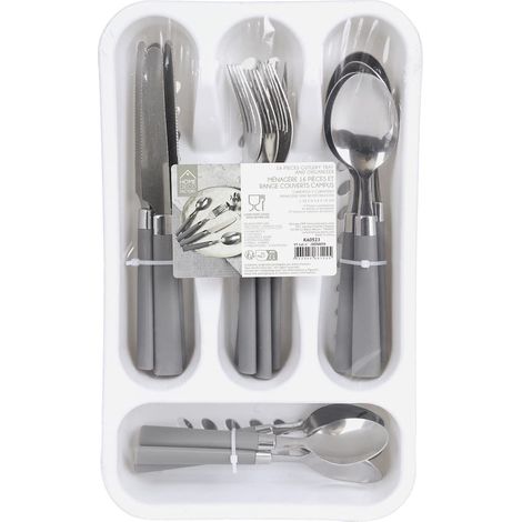 Range ménagère blanc avec 16 pièces en inox manches gris en plastique