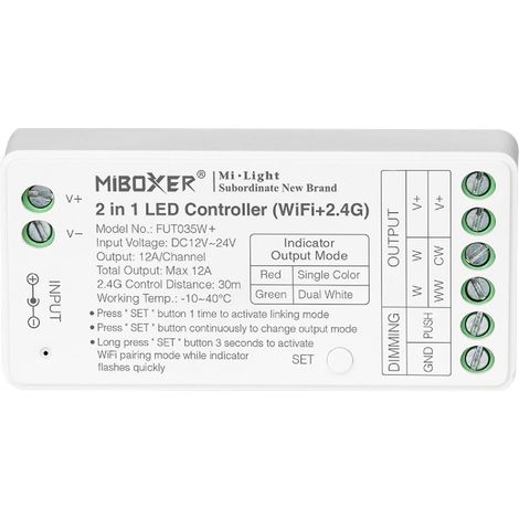 Contrôleur Variateur Wifi LED Monochrome/CCT 12/24V DC MiBoxer FUT035W+ Compatible avec Bouton Poussoir Monochrome / CCT (1/3)