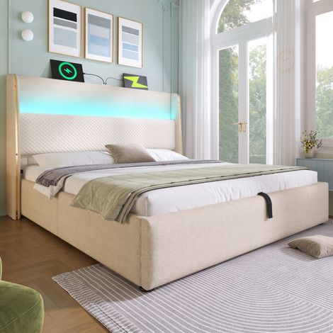 Lit coffre rembourré en lin 140x200 cm - lit double avec rangement hydraulique, tête de lit haute, LED et USB Type-C - Beige (1/5)