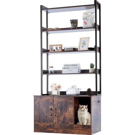 Meuble Cache Bac à Litière pour Chat, 85x49x149 cm, Maison de Toilette pour Chat avec 4 Étagères de Rangement, Armoire en Bois pour Cacher la Plupart des Bacs à Litière pour Chats, Marron Foncé (1/5)