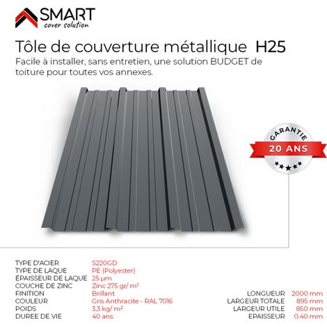 Bravo The Smart Solution – Tôle bac acier toiture TR25 – Coloris gris anthracite RAL 7016 – Longueur 2000mm, largeur 895mm, épaisseur 0.4mm – Garantie 10 ans