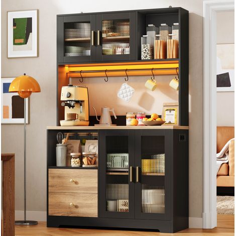 MEUBLIV Buffet de cuisine 110x40x178 cm noir – LED, prises USB, vitrine en verre trempé (1/5)