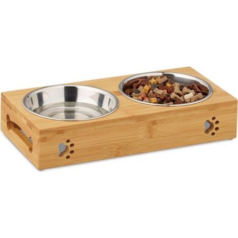 écuelle pour Chiens, 2 gamelles de 300 ML, Bambou & Acier Inoxydable, 6,5x31,5x15 cm, Naturel/argenté, Bambou, INOX, Nature, Double (1/5)