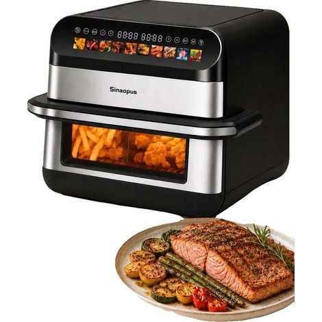 Freidora de aire, capacidad de 10 litros, potencia de 2400 W, diseño de doble cámara, rango de temperatura de 80 a 200 °C, certificación CE. (1/5)