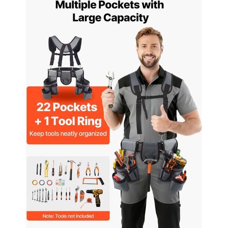 Ceinture outils 22 poches avec bretelles, sac ceinture utilitaire réglable robuste pour électricien, charpentier, chantier, tablier organisation taille 81-173 cm (1/5)