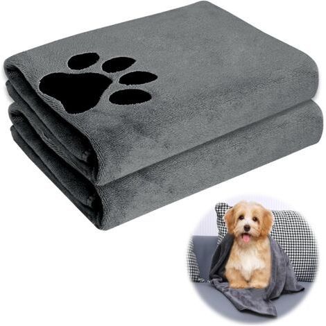 Lot de 2 serviettes pour chien extra absorbantes - Accessoires pour chien - Foulard en microfibre - Séchage rapide - Pour chats, chiens ou autres animaux domestiques - 75 x 35 cm - Gris (1/5)