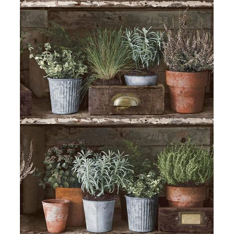 Facade Flower Pots Wallpaper Grandeco Paste The Wall Vinyl Rustic Wood Effect (1/4)
