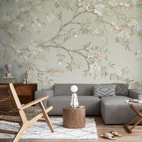 Papier peint panoramique Blossom Trail 300 x 280cm Vert sauge, beige