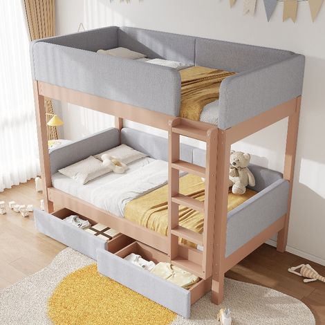Etagenbett 90x200 mit 2 Schubladen und gerader Treppe, Kinderbett aus Massivholz und MDF mit Rausfallschutz und Lattenrost, Grau Natur (1/5)