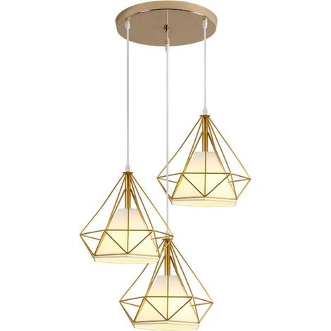 3 Lampes Suspension Vintage 25cm Lustre Suspension Fer Abat-jour en Forme Diamant Luminaire Salle à Manger Chambre Salon Doré (1/5)