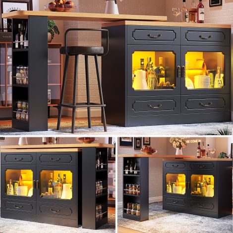 360° Rotating Bar Table with Storage-Adjustable Coffee Bar Furniture,Kitchen Island,Double Doors,4 Drawers,Black
