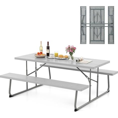 COSTWAY Tavolo da Picnic Pieghevole con 2 Panche, Set di Tavolo da 183 cm con Telaio in Metallo, Piano in HDPE, con Foro per Ombrellone, Tavolo da Pranzo da Giardino, Portata Totale 650 kg (Grigio) (1/5)