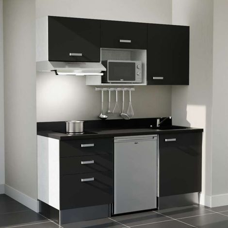 Kitchenette K20L - 180 cm - emplacements frigo, micro-ondes et hotte-Noir-Nero-évier à droite