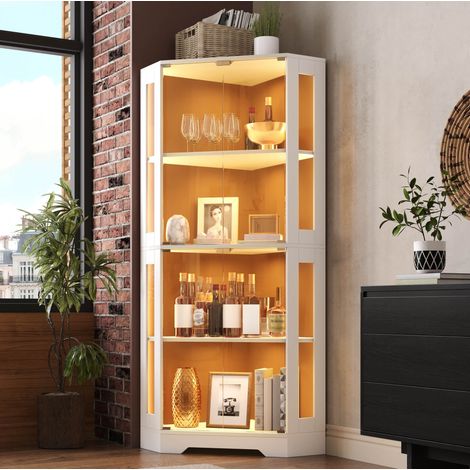 Vitrina de almacenamiento de 40x40x165 cm con iluminación LED RGB, 4 puertas de cristal, estantes ajustables, mueble de cocina de madera - blanco (1/5)