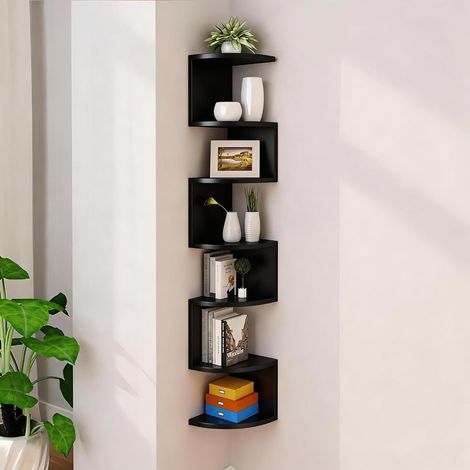 Étagère d’angle murale noire à 7 niveaux, rangement vertical peu encombrant, bibliothèque d’angle pour salon, chambre, bureau et cuisine (1/5)