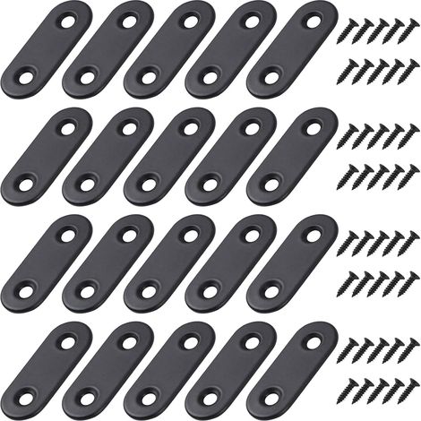Équerre de fixation plate métallique 40x16mm noir, avec vis, pour meubles et placards. Lot de 20. (1/5)