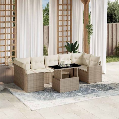 Ensemble Salon Jardin Résine Tressée 8 Places Beige avec Coussins Amovibles et Table Réglable (1/5)