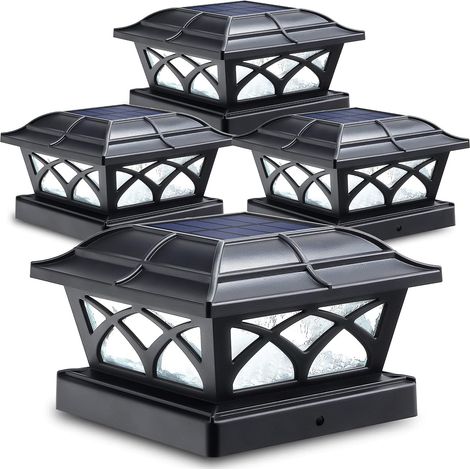 Lot de 4 lampes solaires pour poteau de clôture en verre extérieur avec 2 modes de couleur 8 LED pour poteaux 4x4 5x5 6x6 pour terrasse, clôture, patio, décoration, éclairage blanc chaud et (1/5)